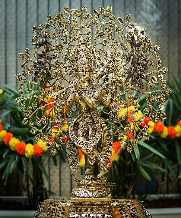 Life-Size Golden Brass Standing Hindu God Krishna Statue with