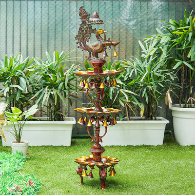 Large Size South Indian Peacock Lamp with hanging Bells and Ghungaroos 4 Feet - SKU - 117700