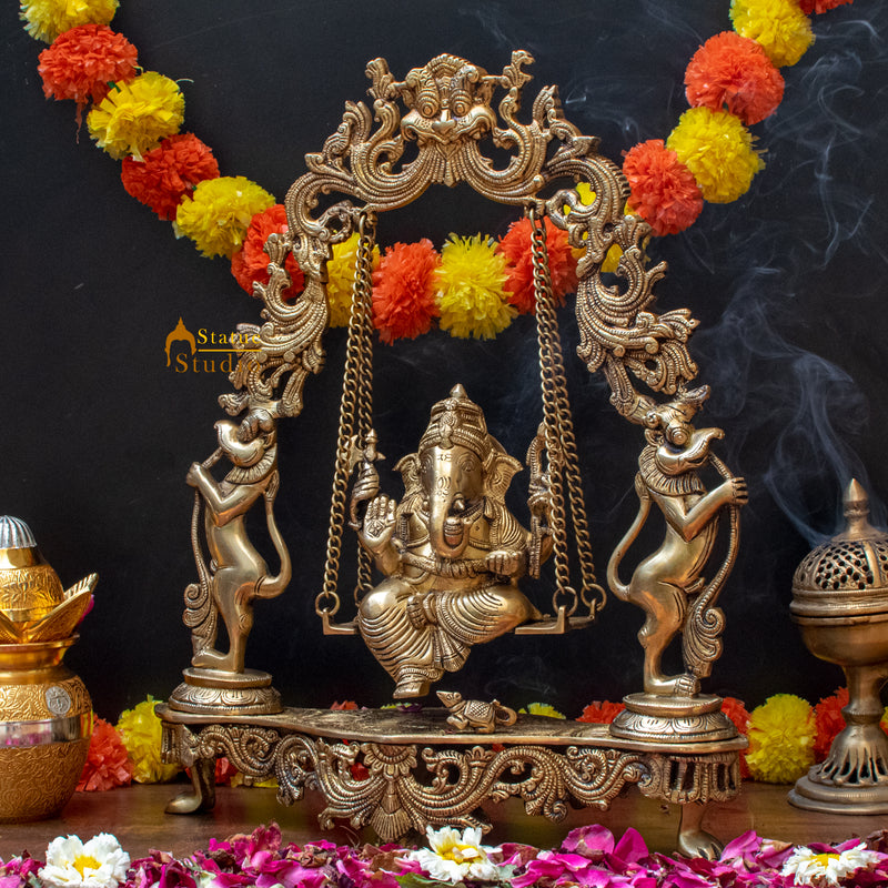 Brass Large Ganesha Idol On Swing For Home Office Temple Decor 1.5 Feet