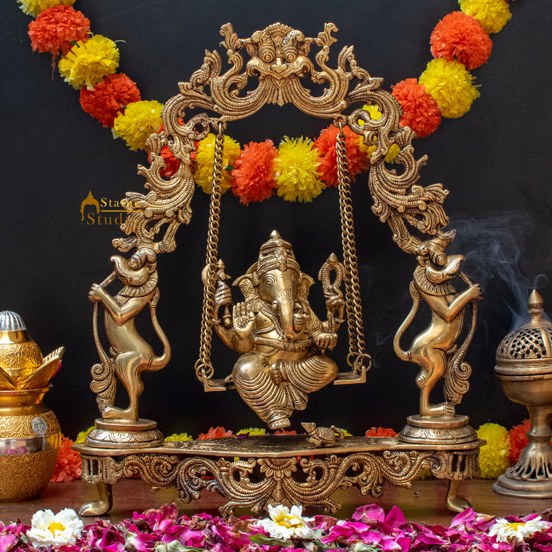 Brass Large Ganesha Idol On Swing For Home Office Temple Decor 1.5 Feet - 275300