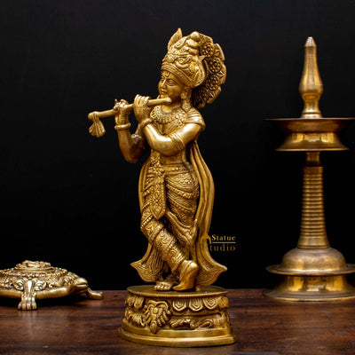 Brass Krishna Idol with Flute 13" by StatueStudio