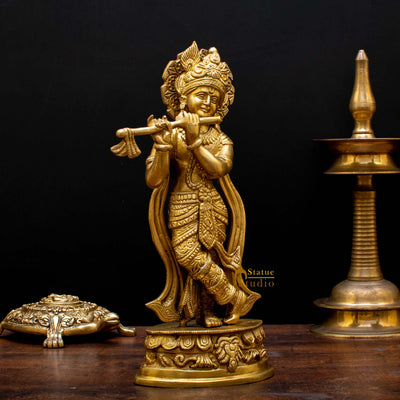 Brass Krishna Idol with Flute 13" by StatueStudio