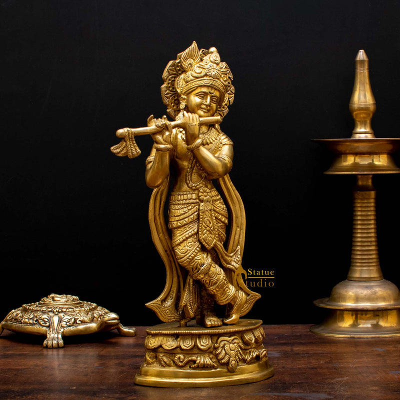 Brass Krishna Idol with Flute 13" by StatueStudio