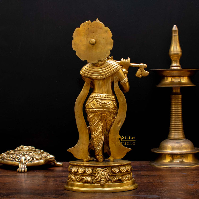 Brass Krishna Idol with Flute 13" by StatueStudio