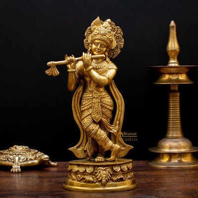 Brass Hindu God Deity Lord Krishna With Flute For Pooja Religious Decor Idol 13" - 36000