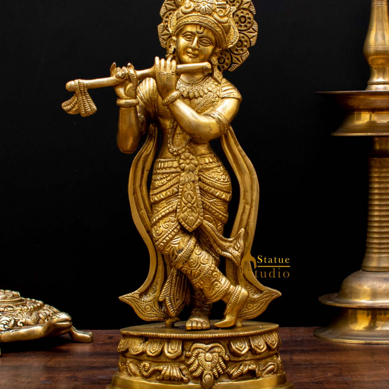 Brass Krishna Idol with Flute 13" by StatueStudio