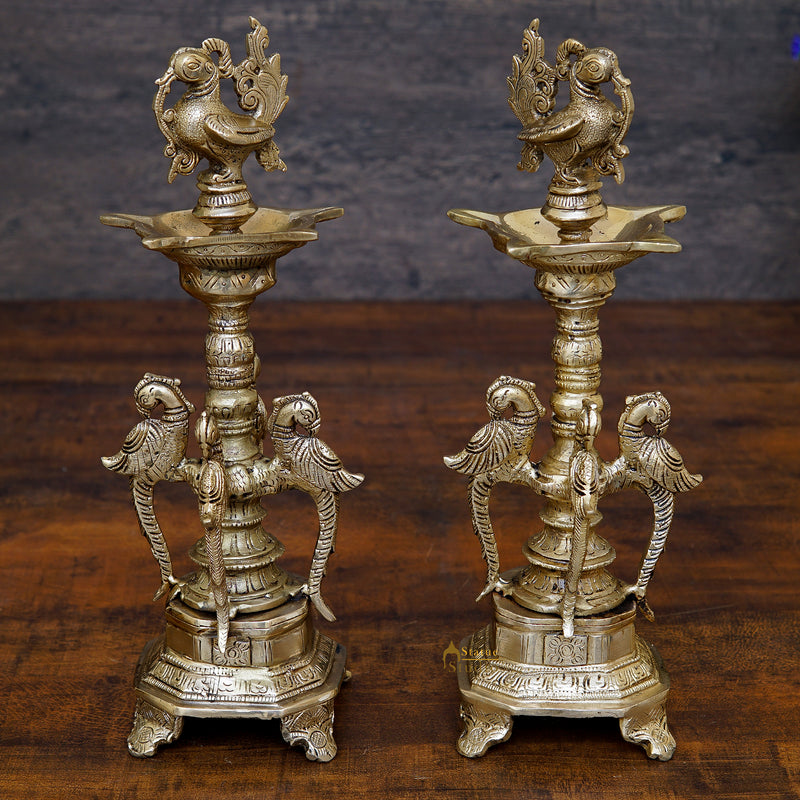 South Indian Style Brass Bird Oil Diya Lamp Pair Stand Diwali Gifting Décor 13" - SKU - 377900