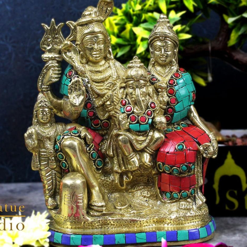 Brass Lord Shiva Family Statue Stone Work For Home Temple Decor 7"