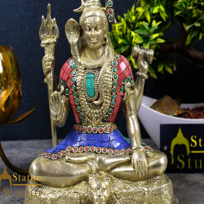 Brass Blessing Lord Shiv Shankar Idol Mahayogi Stone Work For Home Mandir Decor 9"