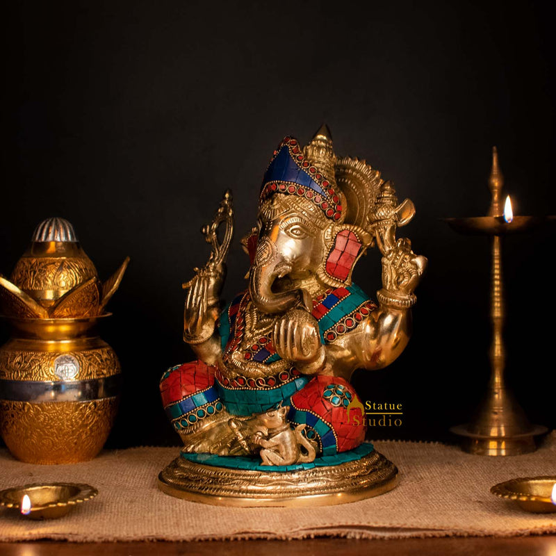 Brass Ganesha Statue Stone Work Showpiece For Home Decor Gift 1 Feet