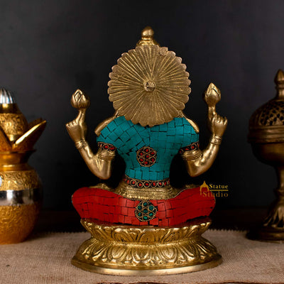 Hindu Sitting Goddess laxmi Colorful Inlay Murti Lucky Décor Gift Statue 10"