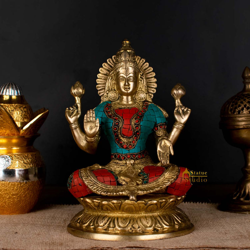Hindu Sitting Goddess laxmi Colorful Inlay Murti Lucky Décor Gift Statue 10" - 403200