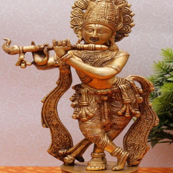 Indian Brass Hindu Lord Krishna Fluting Idol Fine Gift Décor Statue Figurine 13"