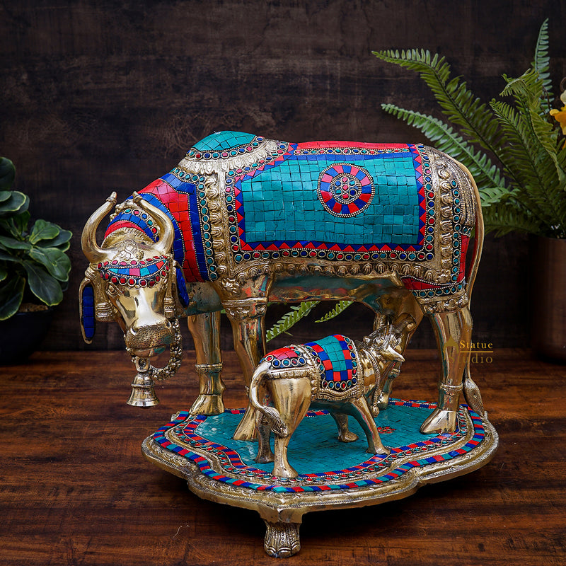 Indian Hindu Sacred Holy Cow Calf Pair Lucky Décor Gift Inlay Statue 16"