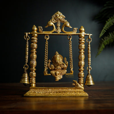 Brass Ganesha Idol On Swing With Bells For Home Decor Gift 10" - 436900