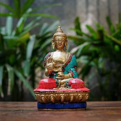 Brass Small Blessing Buddha Idol Stone Work For Home Décor Gift 7" - 438200