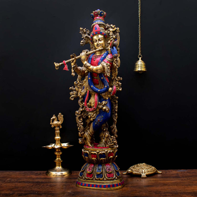 Brass Large Krishna Statue with Stonework 29" by StatueStudio