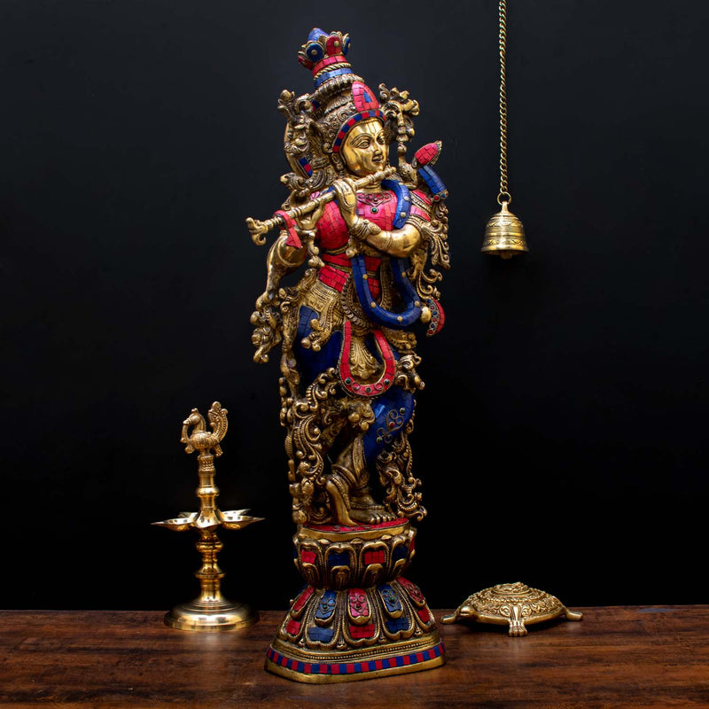 Brass Large Krishna Statue with Stonework 29" by StatueStudio