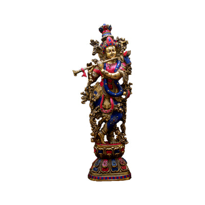 Brass Large Krishna Statue with Stonework 29" by StatueStudio