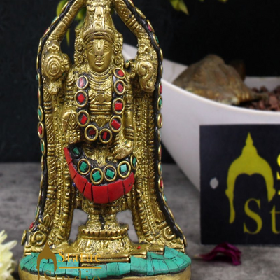 Indian Brass Tirupathi Balaji Small Inlay Idol Temple Puja Décor Murti Statue 4"