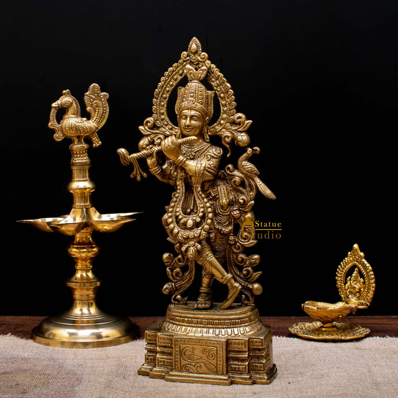 Brass Krishna Standing Murti with Flute 14" by StatueStudio