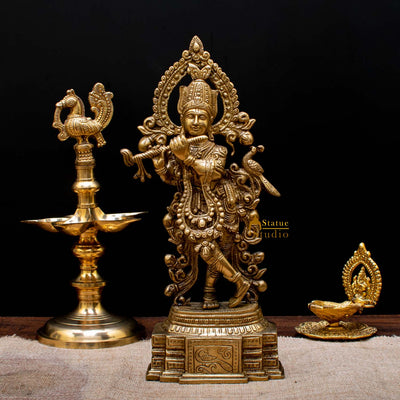 Hindu god deity lord krishna murti with flute standing statue idol figure 14" - 44500