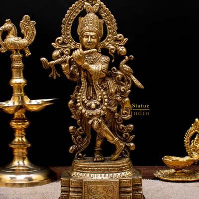 Brass Krishna Standing Murti with Flute 14" by StatueStudio