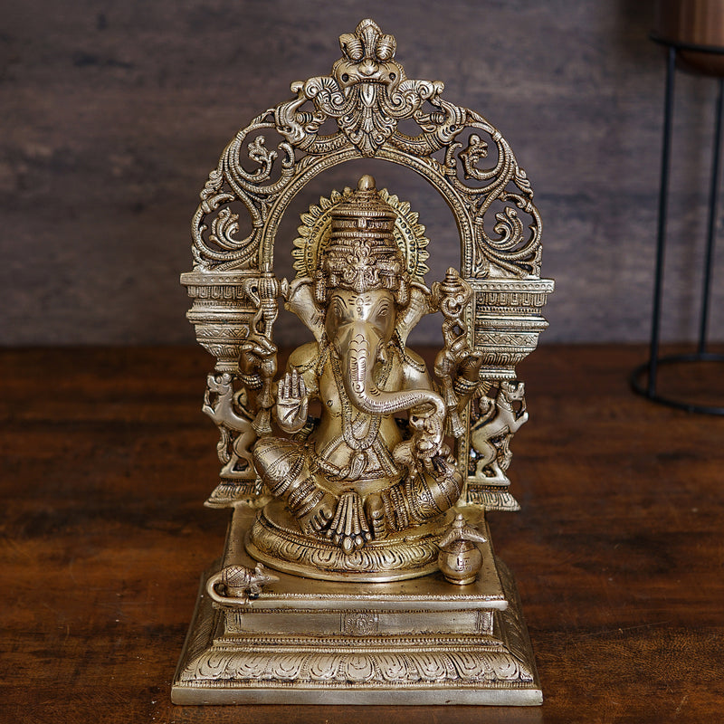 Brass Ganesha Statue With Temple Arch For Home Mandir Decor 16" - 446000