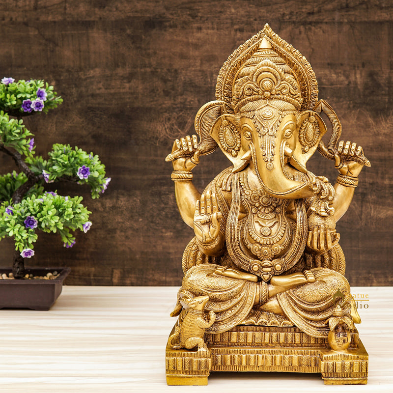 Brass Large Ganesha Idol Sitting On Pedestal Finely Crafted For Home Décor 1.5 Feet - 447000