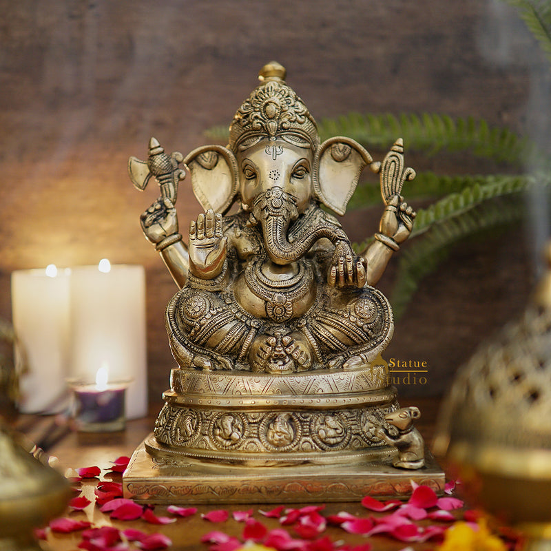 Vintage Brass Bronze Metal Ganesha Vinayak Ganpat Décor Gift Statue Idol 13" - SKU - 449500