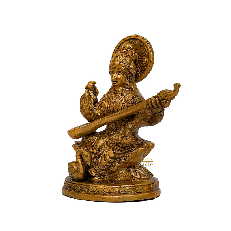 Brass bronze metal india goddess maa saraswati with sitar statue 5"