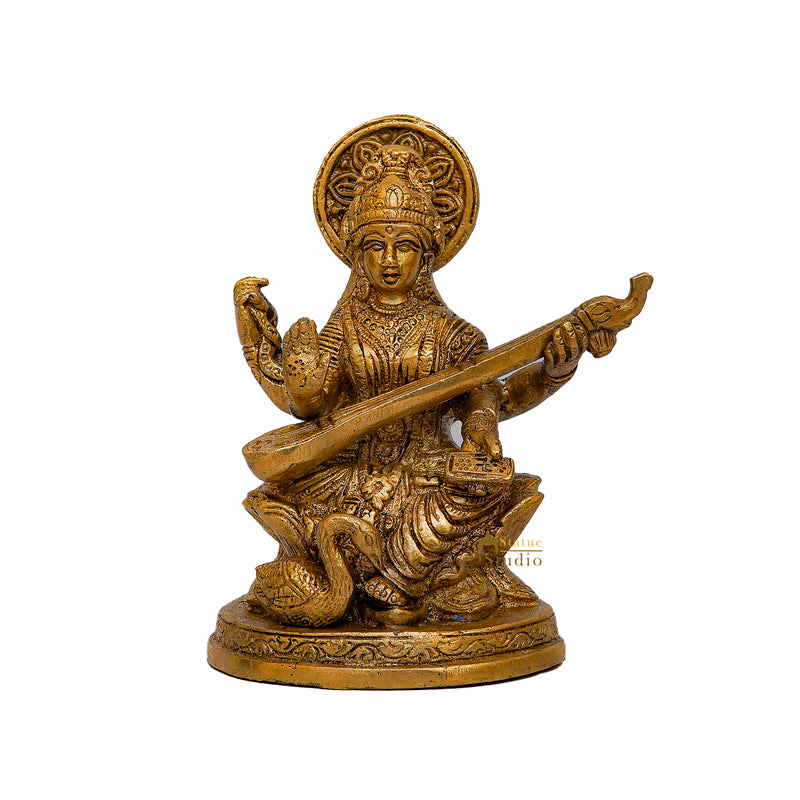 Brass bronze metal india goddess maa saraswati with sitar statue 5"