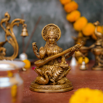 Brass bronze metal india goddess maa saraswati with sitar statue 5" - 45000