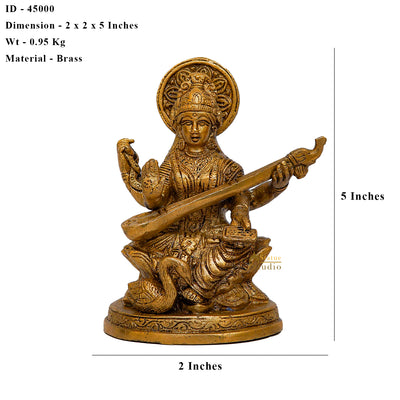 Brass bronze metal india goddess maa saraswati with sitar statue 5"