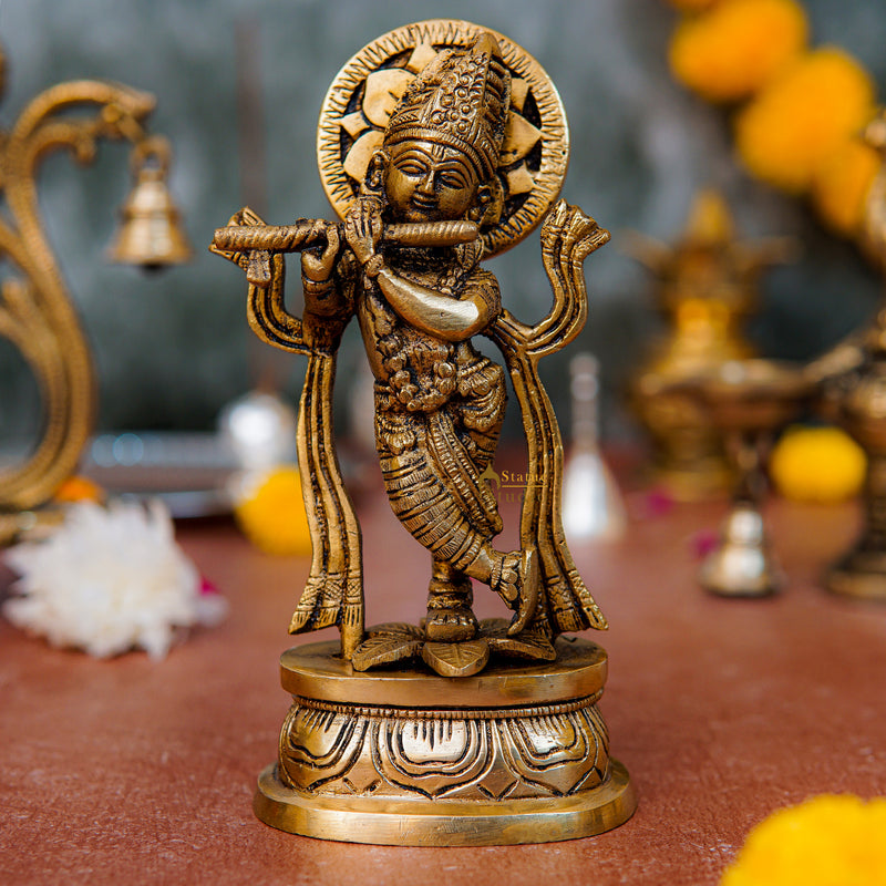 Antique Brass Krishna Idol with Flute 7" - 45500