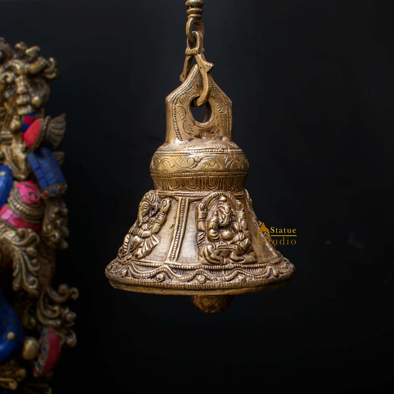 Indian Gods Carved Home Temple Religious Spiritual Brass Hanging Bell 7" - 459944