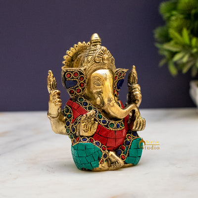 Brass Inlay Small Ganpati Ganesha Corporate Diwali Lucky Gift Décor Statue 4.5"