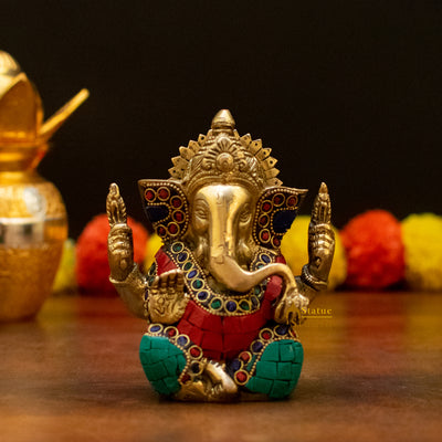 Brass Inlay Small Ganpati Ganesha Corporate Diwali Lucky Gift Décor Statue 4.5"