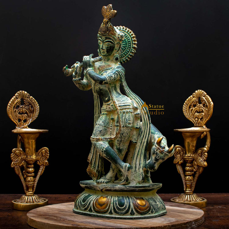 Brass Krishna Statue in Antique Finish 13" by StatueStudio