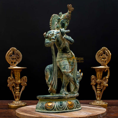 Brass Krishna Statue in Antique Finish 13" by StatueStudio