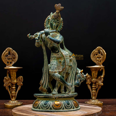 Antique Finish Super Fine Hindu Lord Krishna Idol Statue Décor Gift Figure 13" - 460038