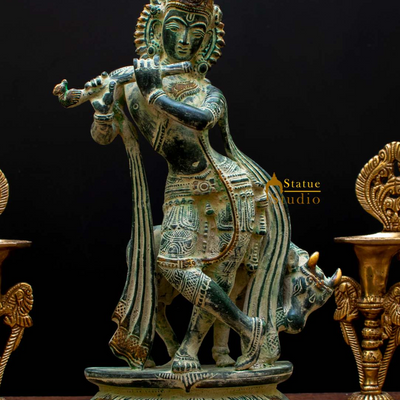 Brass Krishna Statue in Antique Finish 13" by StatueStudio