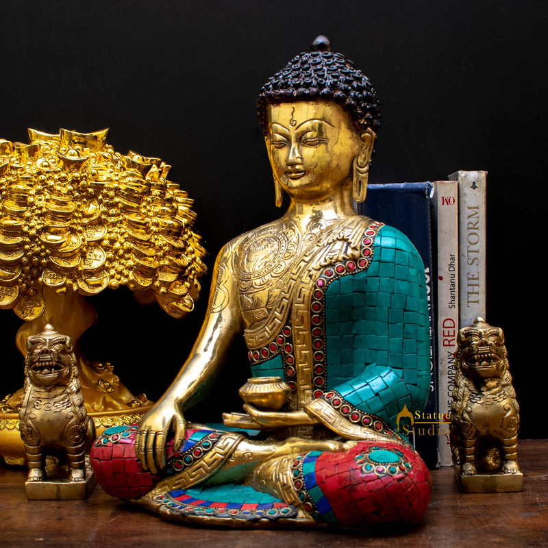 Brass Exclusive Buddha Statue Stone Work For Home Décor Showpiece 1 Feet