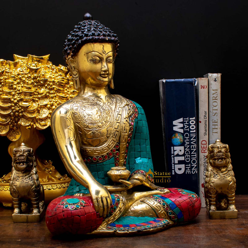 Brass Exclusive Buddha Statue Stone Work For Home Décor Showpiece 1 Feet