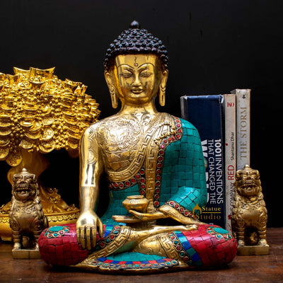 Brass Exclusive Buddha Statue Stone Work For Home Décor Showpiece 1 Feet - 460407