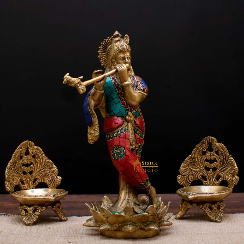 StatueStudio Brass Krishna Idols Large For Home Decor Temple Pooja Office Desk Living Room Table Decorative Statue Showpiece 11"