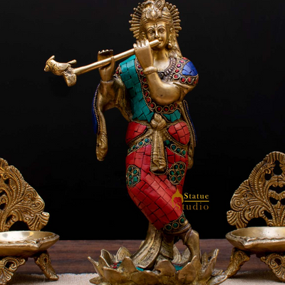 StatueStudio Brass Krishna Idols Large For Home Decor Temple Pooja Office Desk Living Room Table Decorative Statue Showpiece 11"