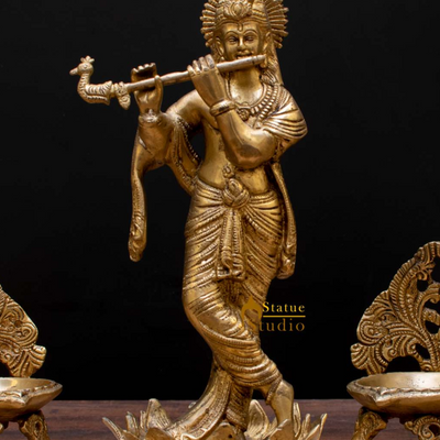 StatueStudio Brass Krishna Idols Large For Home Decor Temple Pooja Office Desk Living Room Table Decorative Statue Showpiece 11"