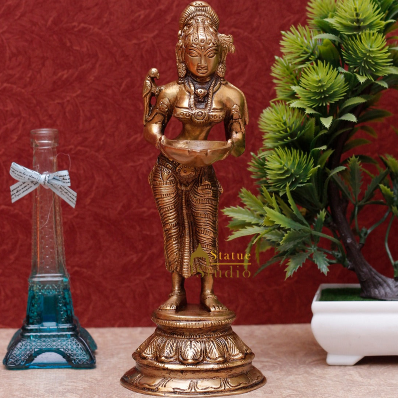 Brass Standing Deeplakshmi Idol 9" for Home Decor by StatueStudio