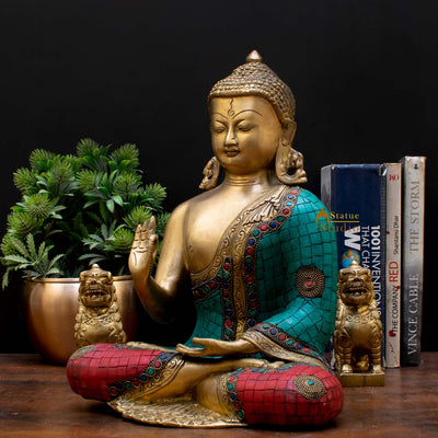 Brass Blessing Buddha Statue Stone Work Showpiece For Home Decor Gift 1 Feet